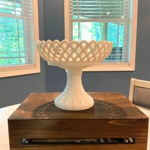 Vintage Milk Glass Pedestal Fruit Bowl Lattice Rim, Textured Base, 9" x 7" 1890s